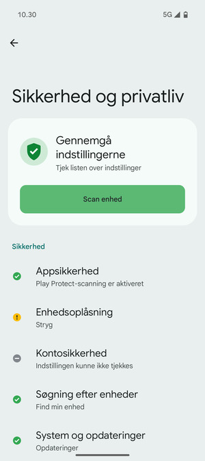For at aktivere din skærmlås, gå til menuen Sikkerhed og privatliv og vælg Enhedsoplåsning