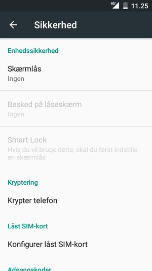 For at ændre PIN-koden til sim-kortet, vend tilbage til menuen Sikkerhed og vælg Konfigurer låst SIM-kort