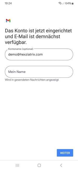 Geben Sie Ihrem Konto einen Namen und geben Sie Ihren Namen ein. Wählen Sie WEITER