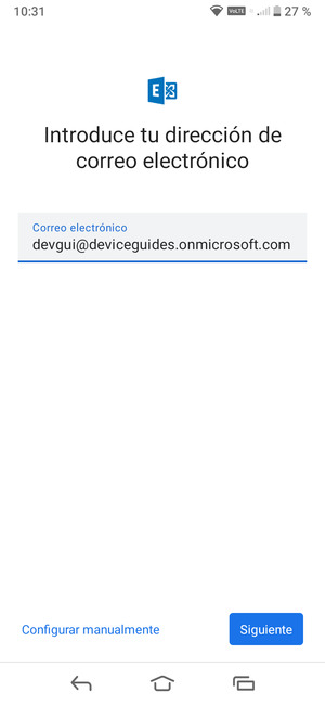 Introduzca su Dirección de correo electrónico y seleccione Configurar manualmente