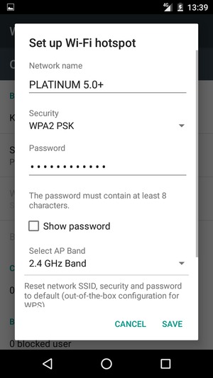 Enter a Wi-Fi hotspot password of at least 8 characters and select SAVE