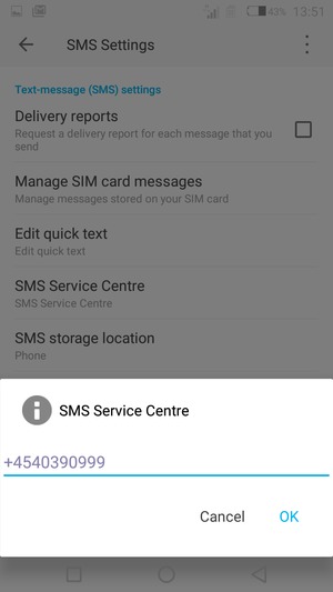 Enter the SMS Service Centre number and select OK