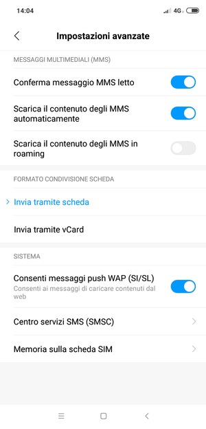 Seleziona Centro servizi SMS (SMSC)