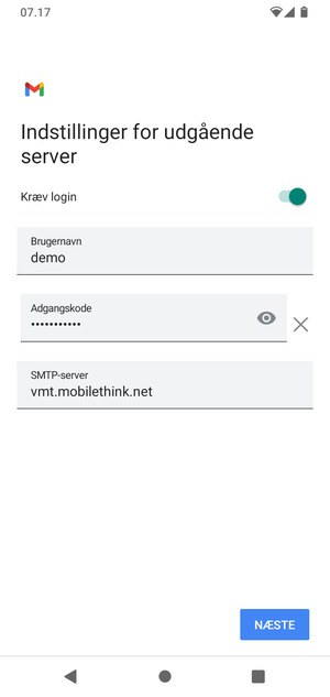 Indtast udgående serveradresse og vælg NÆSTE