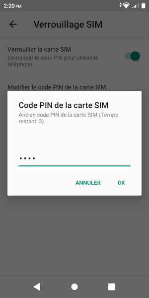 Saisissez votre Ancien code PIN de la carte SIM et sélectionnez OK