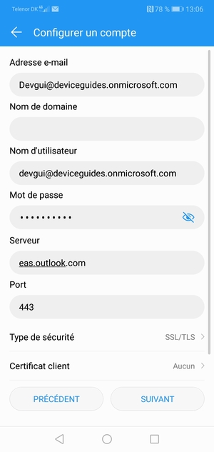 Saisissez l'adresse du serveur Exchange et sélectionnez SUIVANT