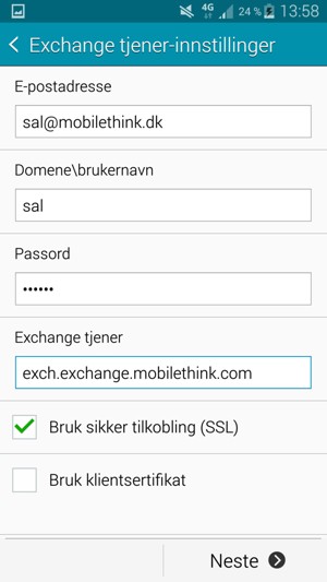 Skriv inn Brukernavn og Exchange serveradresse. Velg Neste