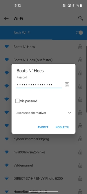 Skriv inn Wi-Fi-passord og velg KOBLE TIL