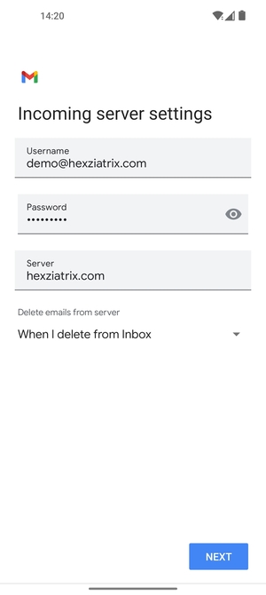 Enter Username and Incoming server address. Select NEXT