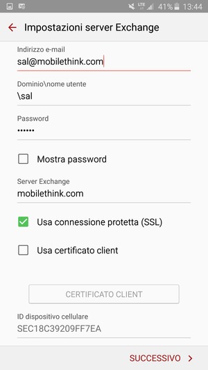 Inserisci Nome utente e l'indirizzo del server Exchange. Seleziona SUCCESSIVO