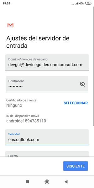 Introduzca Nombre de usario y la dirección de servidor Exchange. Seleccione SIGUIENTE