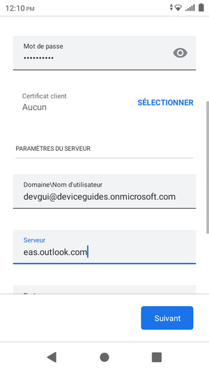 Saisissez votre mot de passe et l'adresse du serveur Exchange. Sélectionnez Suivant