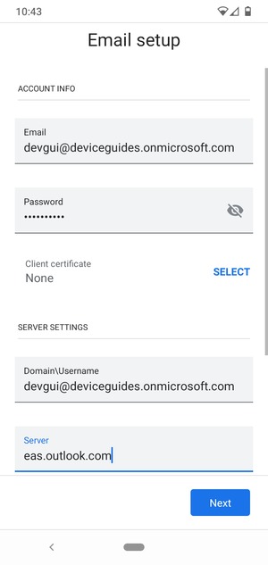 Enter Username and Exchange server address. Select Next