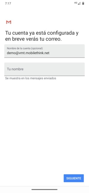 Déle a su cuenta un nombre y escriba su nombre. Seleccione SIGUIENTE
