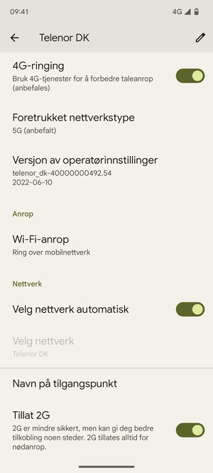For å bytte nettverk hvis det oppstår nettverksproblemer, slå av Velg nettverk automatisk
