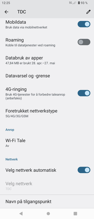 For å bytte nettverk hvis det oppstår nettverksproblemer, slå av Velg nettverk automatisk