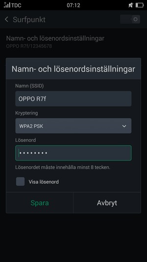 Ange ett lösenord för Wi-Fi-hotspoten, bestående av minst 8 tecken och välj Spara