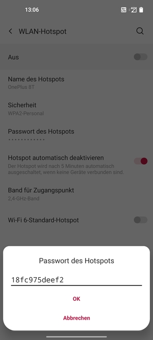 Geben Sie eine WLAN-Hotspot-Passwort mit mindestens 8 Zeichen ein und wählen Sie OK