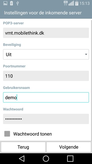 Voer Inkomende serveradres en Gebruikersnaam in. Selecteer Volgende
