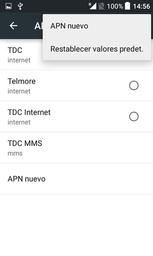 Si la pantalla tiene este aspecto, seleccione el botón Menú y seleccione APN nuevo