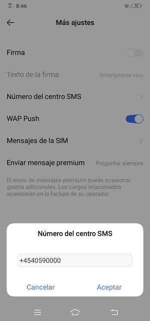 Introduzca el número de Número del centro SMS y seleccione Aceptar