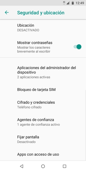 Para cambiar el PIN de la tarjeta SIM, vuelva al menú Seguridad y ubicación, desplácese y seleccione Bloqueo de tarjeta SIM