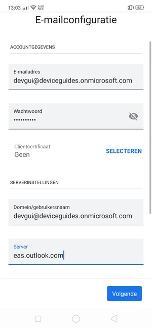 Voer Gebruikersnaam en Exchange serveradres in. Selecteer Volgende