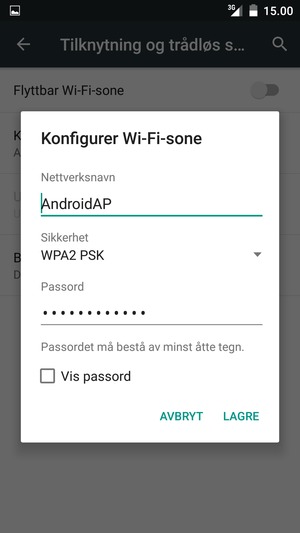Skriv inn et Wi-Fi hotspot-passord på minst 8 tegn og velg LAGRE