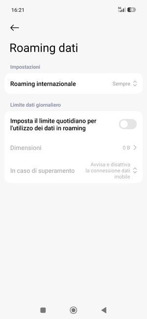 Seleziona Roaming internazionale