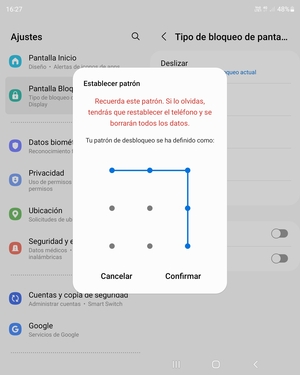 Dibuje de nuevo el patrón de desbloqueo y seleccione Confirmar