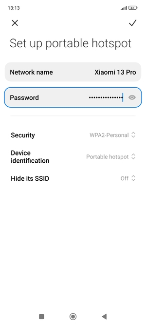 Enter a Wi-Fi hotspot password of at least 8 characters and select SAVE