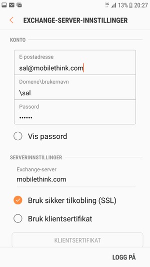 Skriv inn Brukernavn og Exchange serveradresse. Velg LOGG PÅ