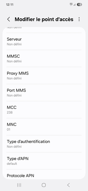 Faites défiler vers le bas et saisissez les informations Internet