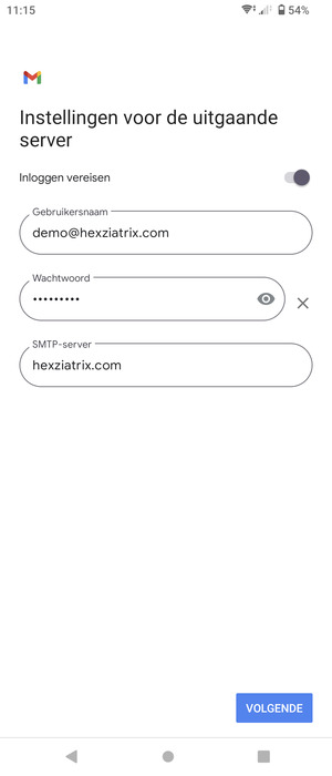 Voer Uitgaand serveradres in en selecteer VOLGENDE