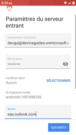 Saisissez votre mot de passe et l'adresse du serveur Exchange. Sélectionnez SUIVANTE
