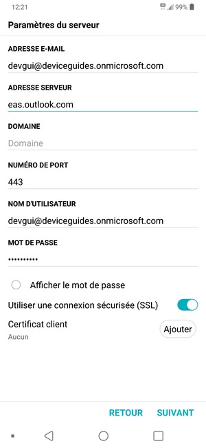 Saisissez l'adresse du serveur Exchange et le NOM D'UTILISATEUR. Sélectionnez SUIVANT