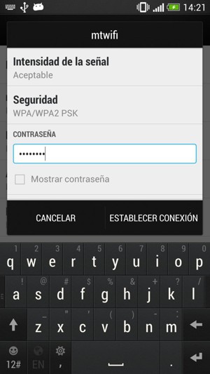 Introduzca el Contraseña de Wi-Fi y seleccione ESTABLECER CONEXIÓN