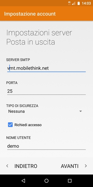 Inserisci l'indirizzo del server di posta in uscita
