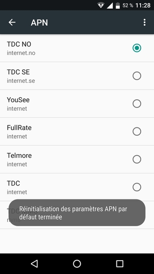 Votre téléphone va être réinitialisé avec les paramètres Internet et MMS par défaut