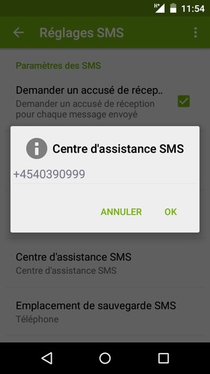 Saisissez le numéro du Centre d'assistance SMS et sélectionnez OK