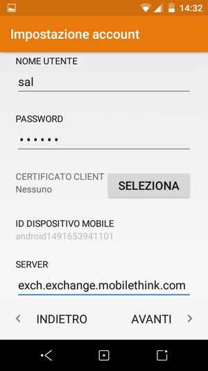 Inserisci NOME UTENTE e l'indirizzo del server Exchange. Seleziona AVANTI