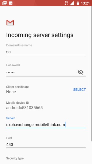 Enter Username and Exchange server address