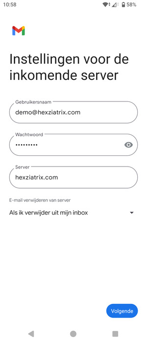 Voer Gebruikersnaam en binnenkomend serveradres in. Selecteer Volgende