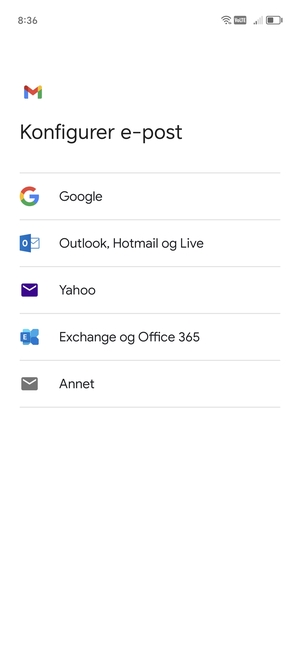Velg Exchange og Office 365
