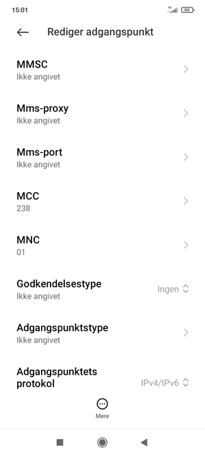 Scroll ned og indtast internet-oplysninger