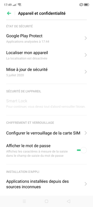 Faites défiler et sélectionnez Configurer le verrouillage de la carte SIM