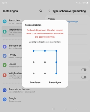 Teken het ontgrendelingspatroon nogmaals en selecteer Bevestigen