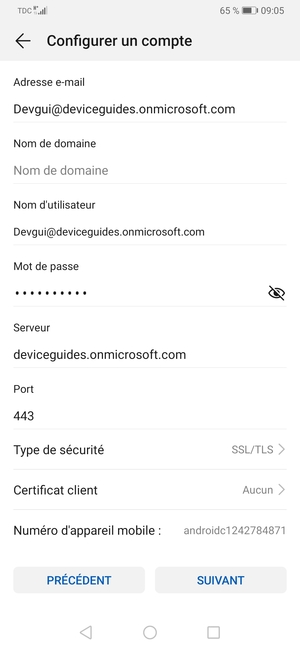 Saisissez l'adresse du serveur Exchange et sélectionnez SUIVANT