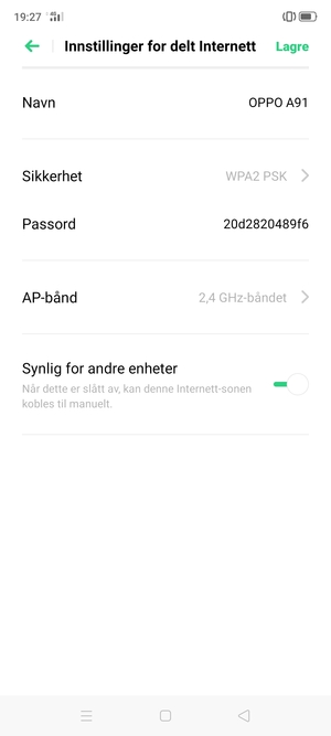 Skriv inn et Wi-Fi hotspot-passord på minst 8 tegn og velg Lagre