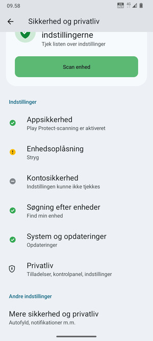 For at ændre PIN-koden til sim-kortet, gå til menuen Sikkerhed og privatliv og scroll til og vælg Mere sikkerhed og privatliv